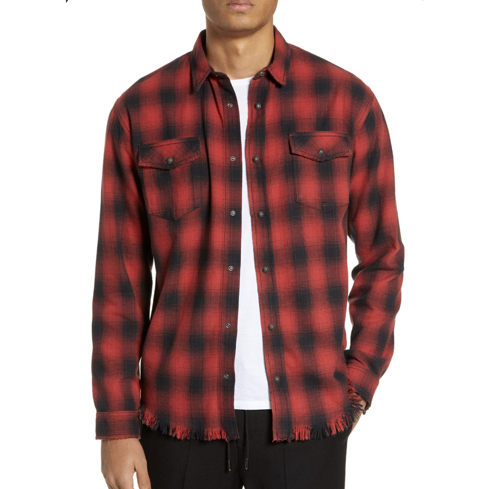 The Kooples Shirt Mens XS Red Black Plaid Check Snap Front Raw Hem Grunge